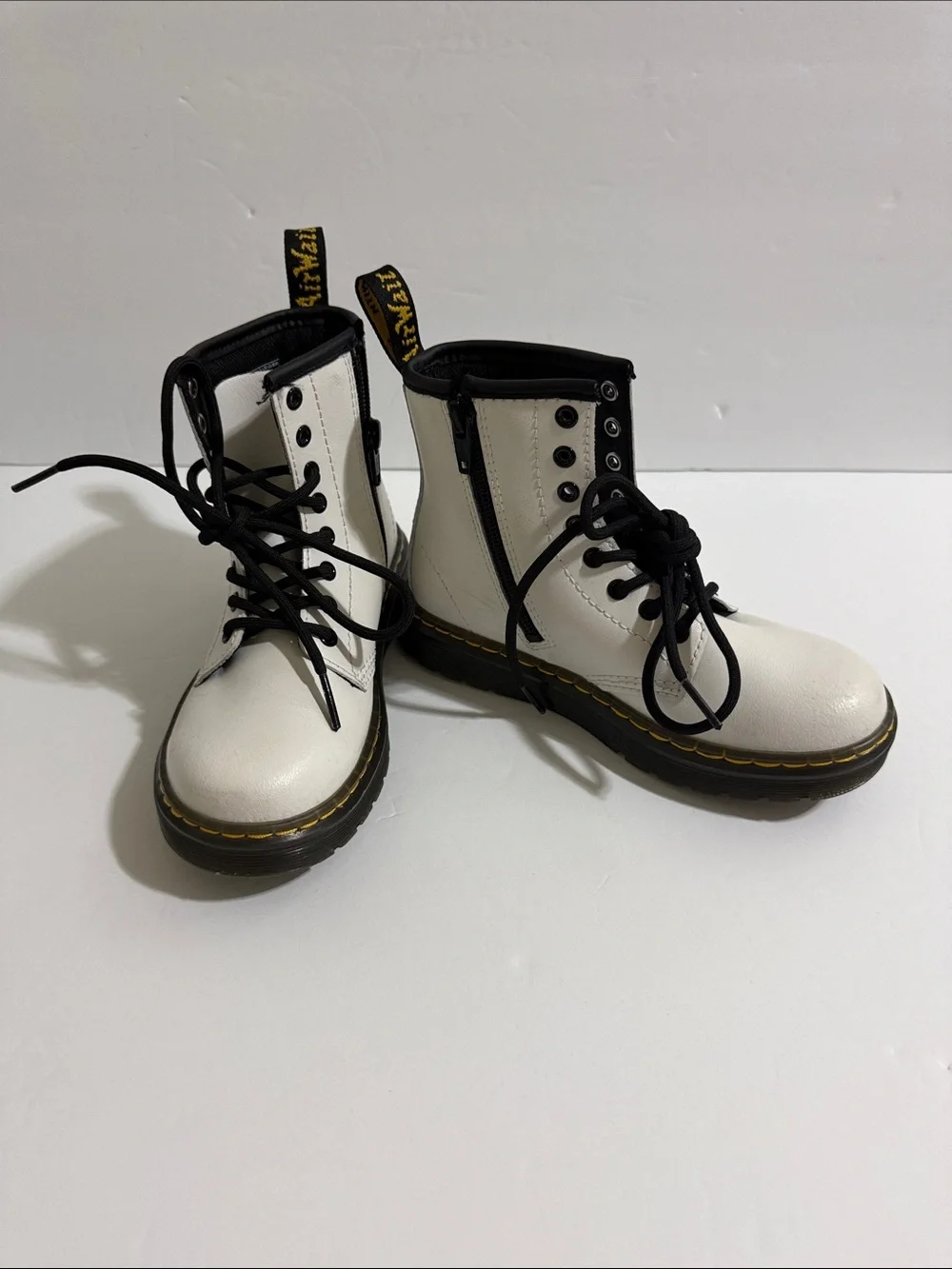 Dr. Martens Kids White Leather Ankle Boots with Black Accents